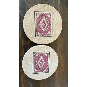 Vintage Pimpernel Cork Back Navajo Weaving Coasters Set of 2 Round Native Art